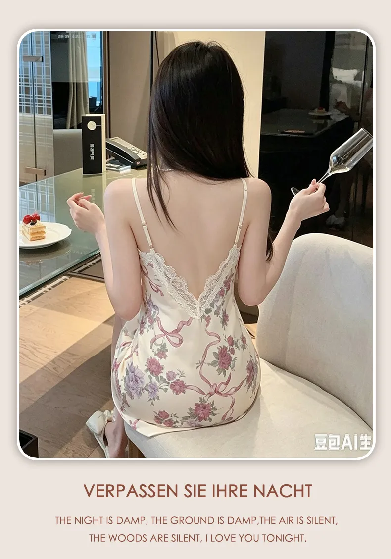 Sexy Spaghetti Strap Floral Nightdress Women Lace Backless Waist-Cinching Slimming Wearable Outside Loungewear Botanical Floral Long Dress · Wholesale · OEM · Worldwide Shipping - Detail 13