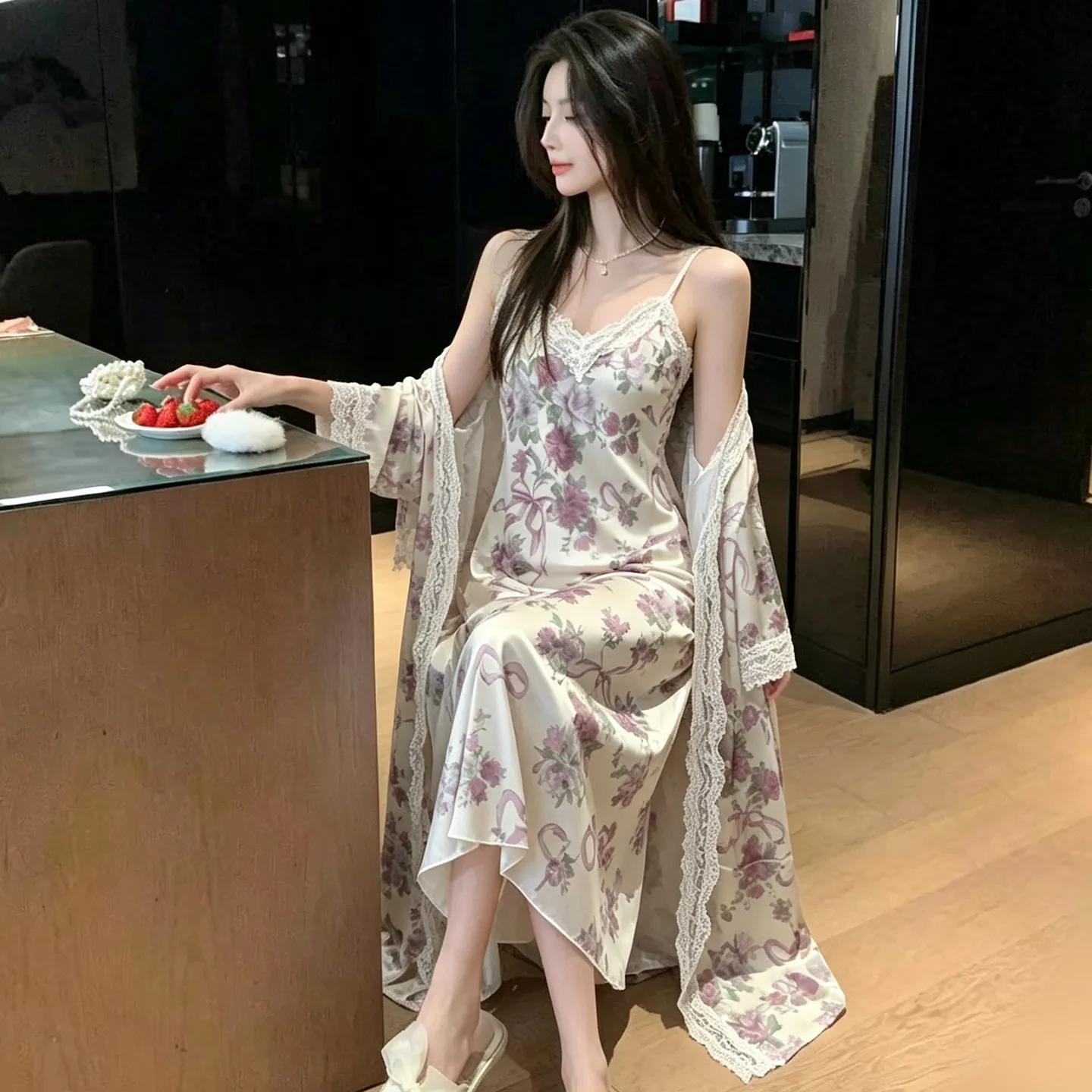 Sexy Spaghetti Strap Floral Nightdress Women Lace Backless Waist-Cinching Slimming Wearable Outside Loungewear Botanical Floral Long Dress · Wholesale · OEM · Worldwide Shipping - Detail 2