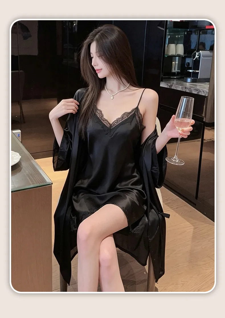 신상 여성 슬립 잠옷 섹시 솔리드 파자마 얇은 아이스 실크 V넥 할로우 레이스 스커트 로브 · 도매 · OEM · 전 세계 배송 - Detail 28