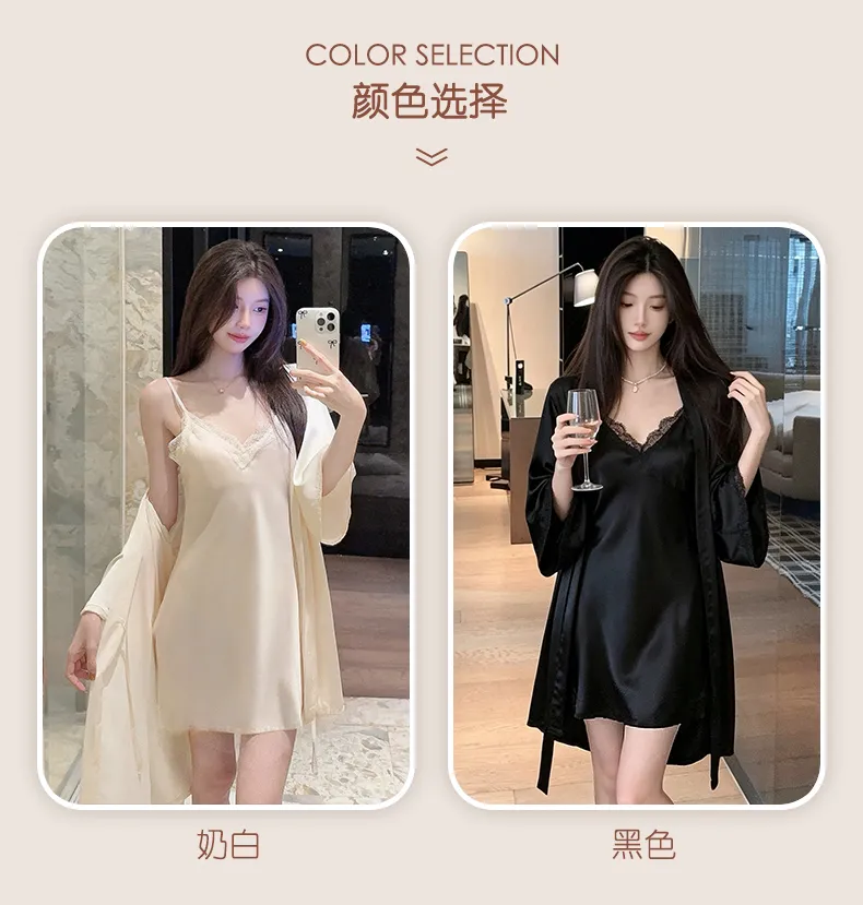 신상 여성 슬립 잠옷 섹시 솔리드 파자마 얇은 아이스 실크 V넥 할로우 레이스 스커트 로브 · 도매 · OEM · 전 세계 배송 - Detail 9