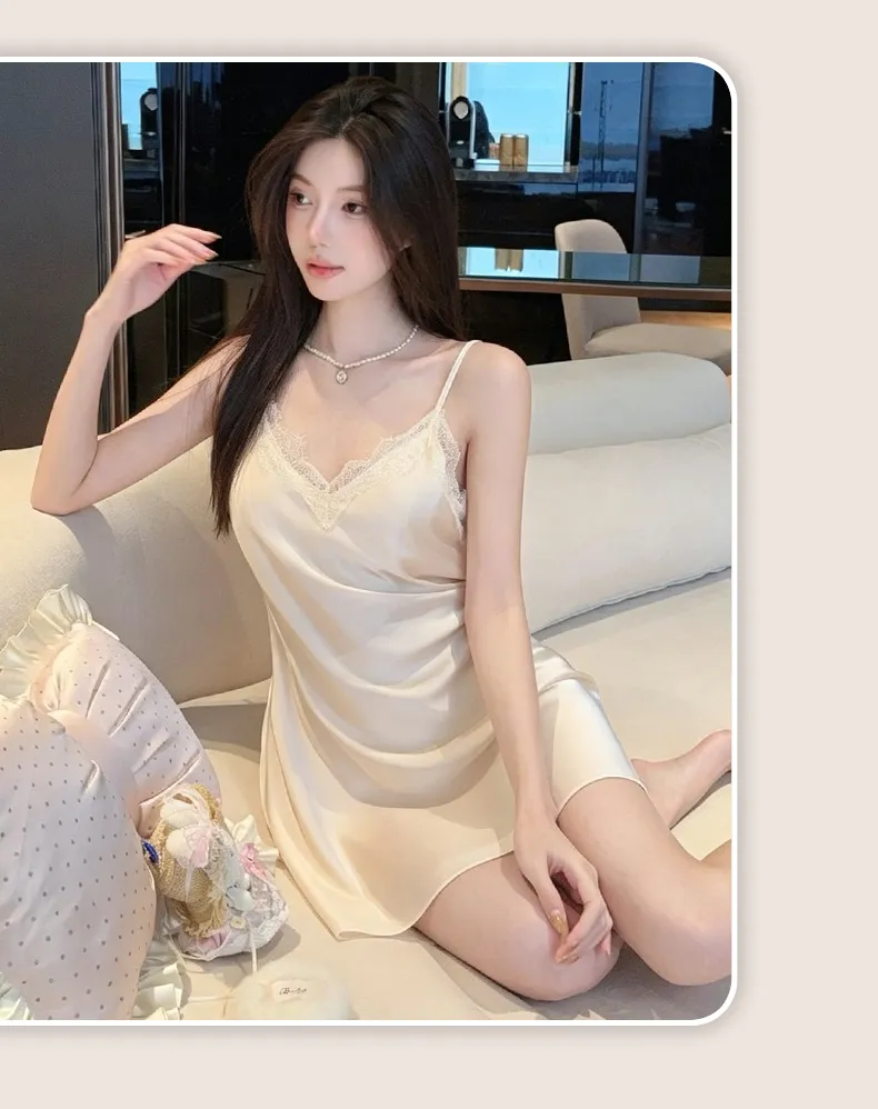 신상 여성 슬립 잠옷 섹시 솔리드 파자마 얇은 아이스 실크 V넥 할로우 레이스 스커트 로브 · 도매 · OEM · 전 세계 배송 - Detail 14
