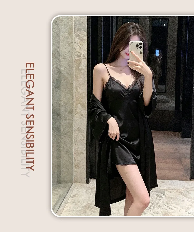 신상 여성 슬립 잠옷 섹시 솔리드 파자마 얇은 아이스 실크 V넥 할로우 레이스 스커트 로브 · 도매 · OEM · 전 세계 배송 - Detail 29