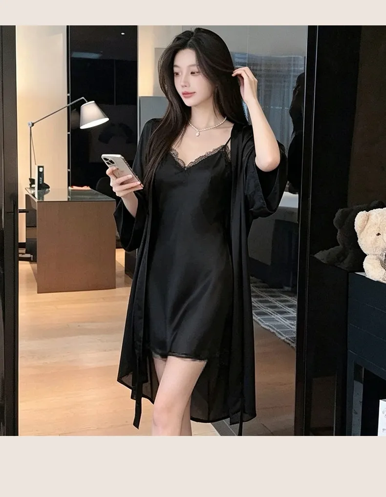 스트랩 브라 패드 분리형 레이스 등판 오픈 섹시 스캘럽 레이스 장식 실크 새틴 고급 슬립 원피스 여성 · 도매 · OEM · 전 세계 배송 - Detail 30