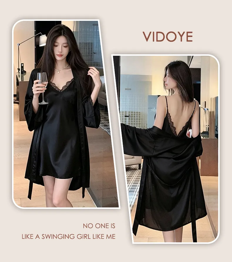 신상 여성 슬립 잠옷 섹시 솔리드 파자마 얇은 아이스 실크 V넥 할로우 레이스 스커트 로브 · 도매 · OEM · 전 세계 배송 - Detail 21