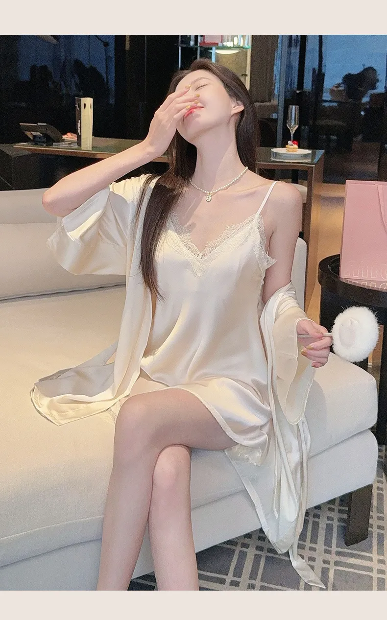 백리스 섹시 슬링 잠옷 인플루언서 여신 순욕풍 고급 아이스 실크 새틴 레이스 프렌치 잠옷 · 도매 · OEM · 전 세계 배송 - Detail 18
