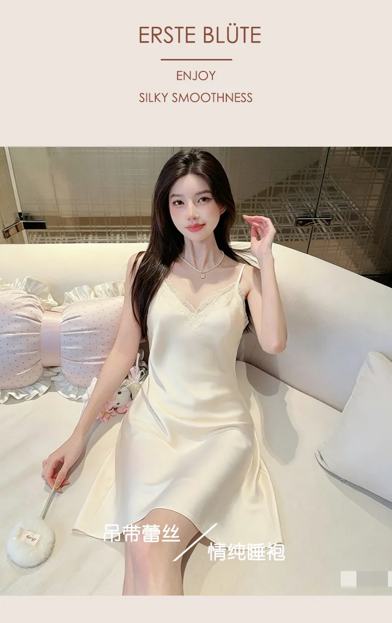 백리스 섹시 슬링 잠옷 인플루언서 여신 순욕풍 고급 아이스 실크 새틴 레이스 프렌치 잠옷 · 도매 · OEM · 전 세계 배송 - Detail 10