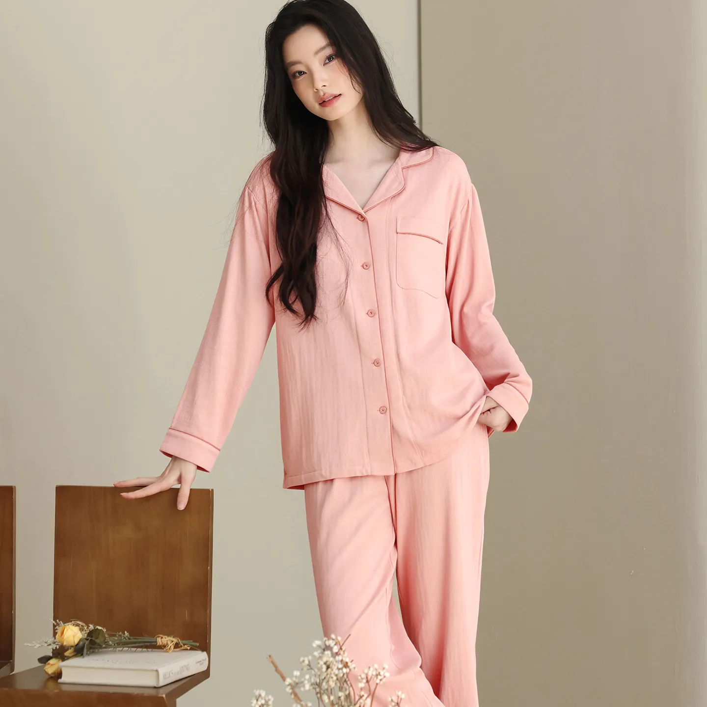 Women's Premium Double-Layer Cotton Sleepwear, Pure Cotton Long-Sleeve Pajamas, Autumn New Arrival, Cotton Homewear, Wearable Outside · Wholesale · OEM · Worldwide Shipping - View 3