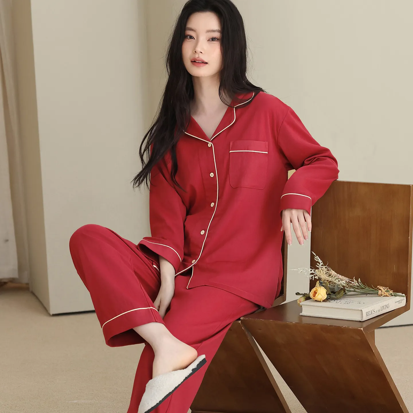 여성 하이엔드 이중층 면 거즈 파자마 전면시대 긴바지 긴팔 가을 신상 순면 홈웨어 외출 가능 · 도매 · OEM · 전 세계 배송