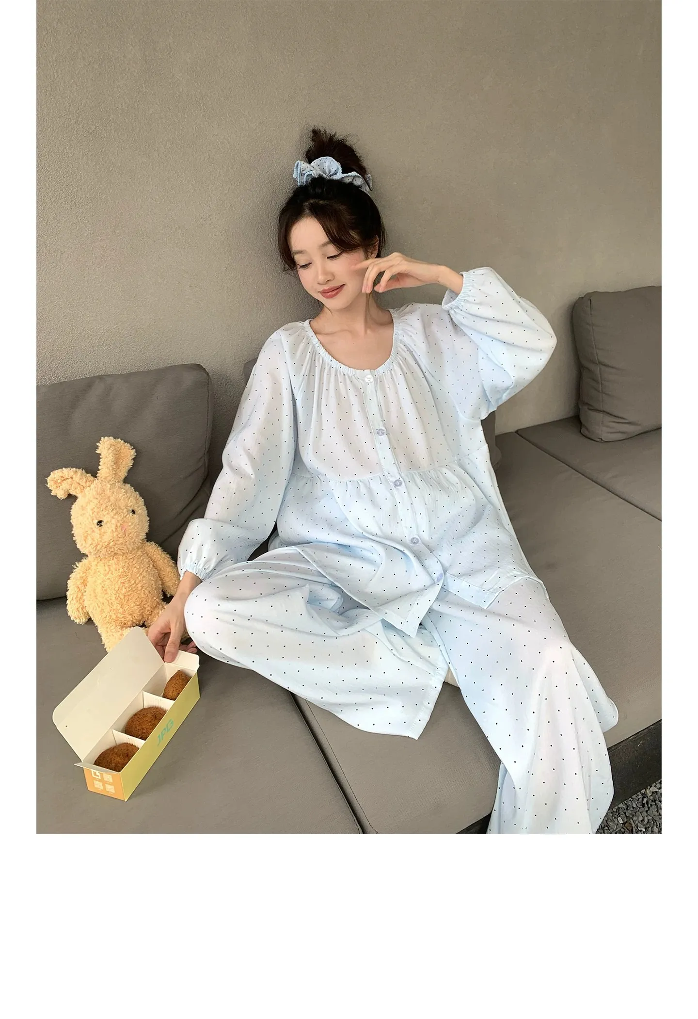 신상 고품질 구름 코튼 봄가을 루즈핏 라운드넥 긴팔 긴바지 파자마 여성 도트 홈웨어 · 도매 · OEM · 전 세계 배송 - Detail 8