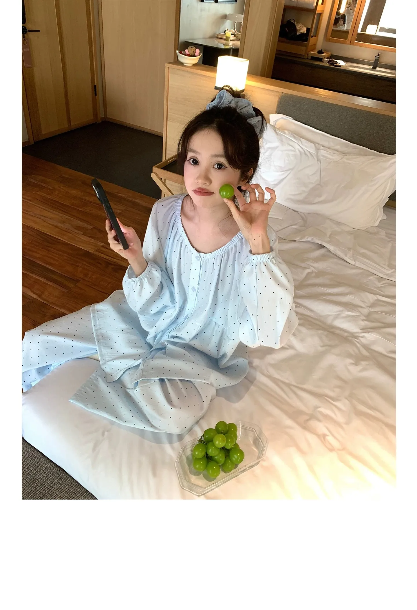 신상 고품질 구름 코튼 봄가을 루즈핏 라운드넥 긴팔 긴바지 파자마 여성 도트 홈웨어 · 도매 · OEM · 전 세계 배송 - Detail 6
