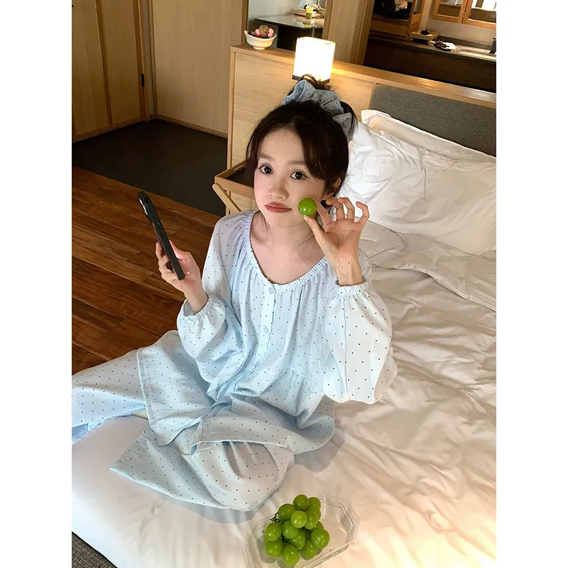 신상 고품질 구름 코튼 봄가을 루즈핏 라운드넥 긴팔 긴바지 파자마 여성 도트 홈웨어 · 도매 · OEM · 전 세계 배송 - View 3