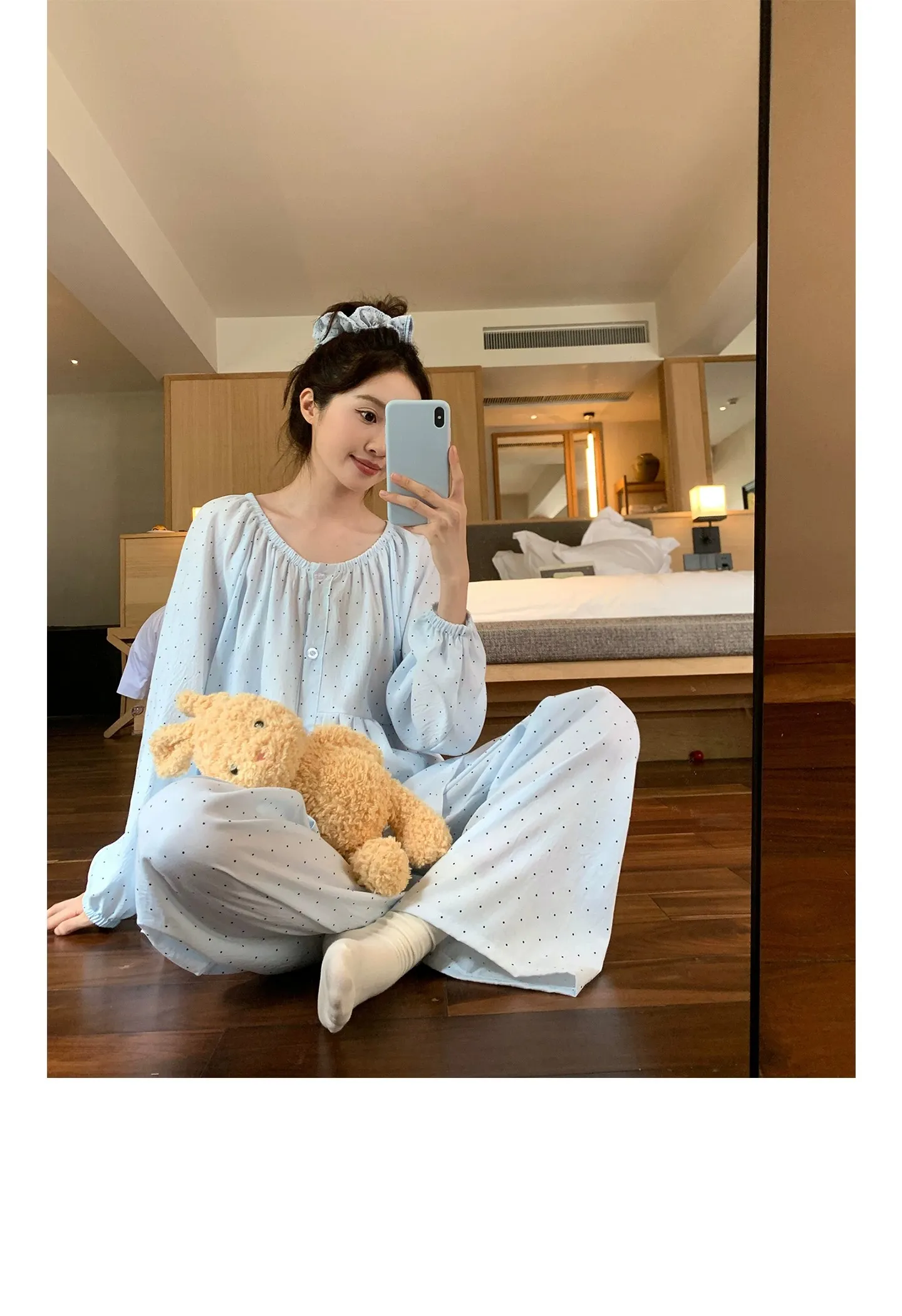 신상 고품질 구름 코튼 봄가을 루즈핏 라운드넥 긴팔 긴바지 파자마 여성 도트 홈웨어 · 도매 · OEM · 전 세계 배송 - Detail 9
