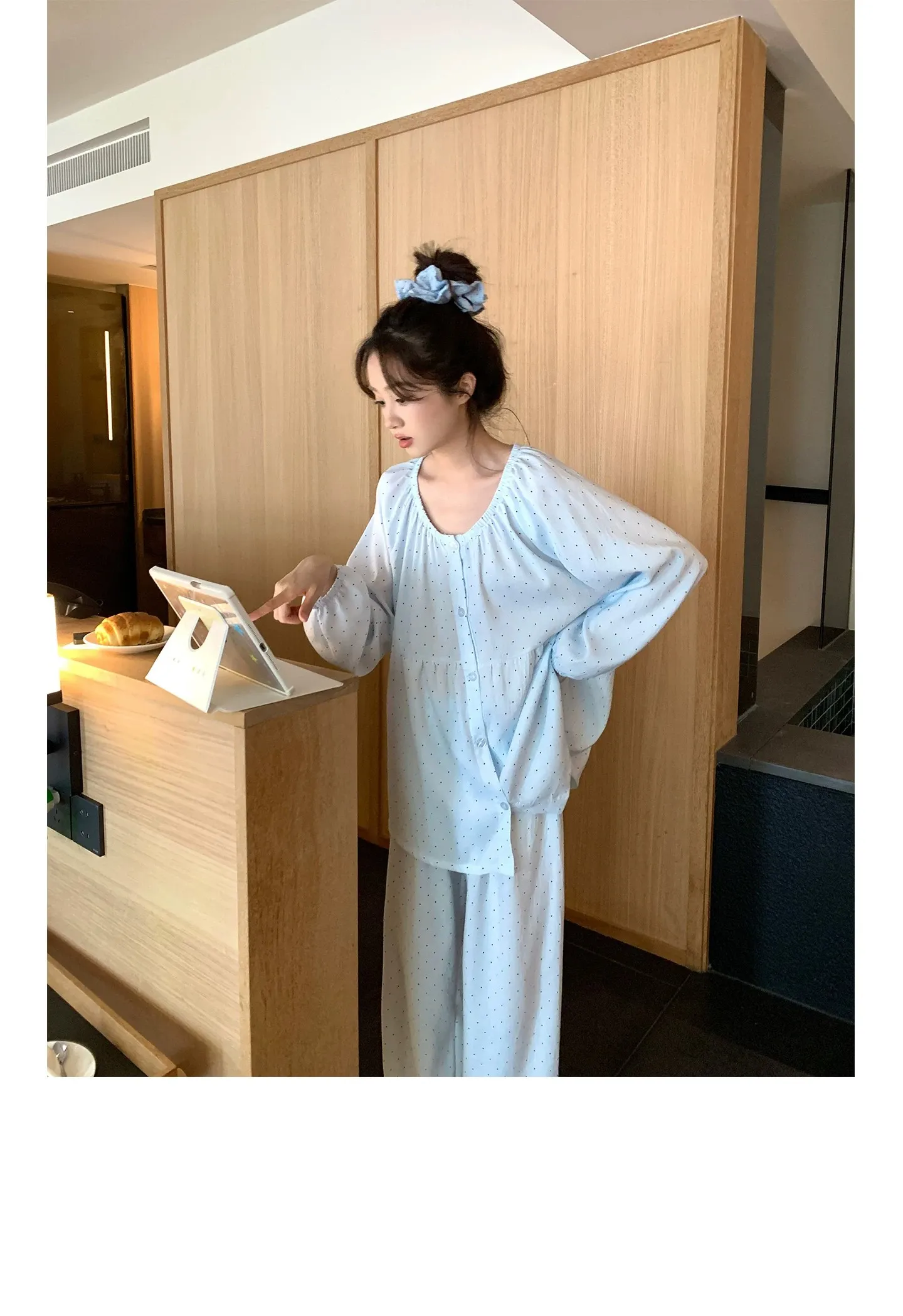 신상 고품질 구름 코튼 봄가을 루즈핏 라운드넥 긴팔 긴바지 파자마 여성 도트 홈웨어 · 도매 · OEM · 전 세계 배송 - Detail 12
