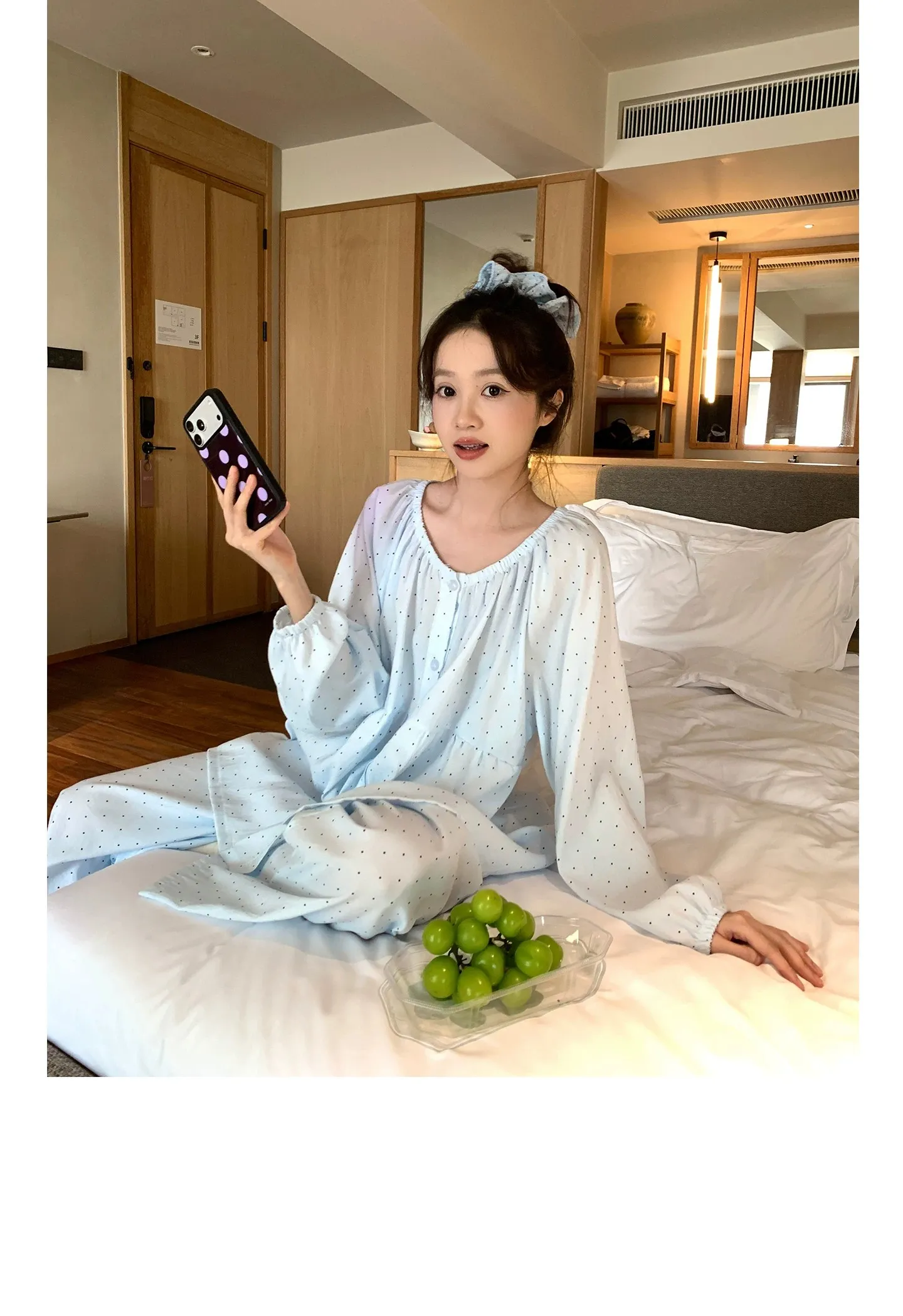 신상 고품질 구름 코튼 봄가을 루즈핏 라운드넥 긴팔 긴바지 파자마 여성 도트 홈웨어 · 도매 · OEM · 전 세계 배송 - Detail 11