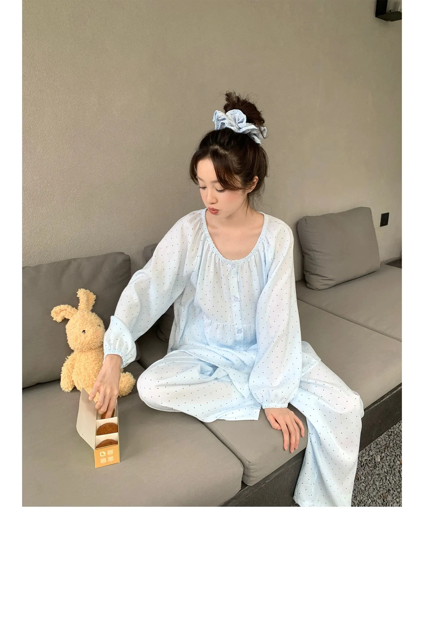 신상 고품질 구름 코튼 봄가을 루즈핏 라운드넥 긴팔 긴바지 파자마 여성 도트 홈웨어 · 도매 · OEM · 전 세계 배송 - Detail 13