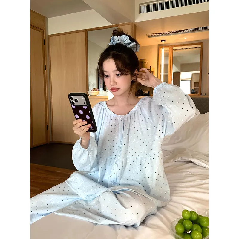 신상 고품질 구름 코튼 봄가을 루즈핏 라운드넥 긴팔 긴바지 파자마 여성 도트 홈웨어 · 도매 · OEM · 전 세계 배송 - View 2