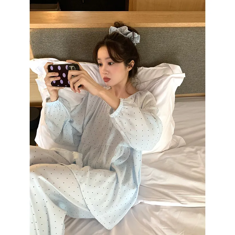 신상 고품질 구름 코튼 봄가을 루즈핏 라운드넥 긴팔 긴바지 파자마 여성 도트 홈웨어 · 도매 · OEM · 전 세계 배송 - View 1