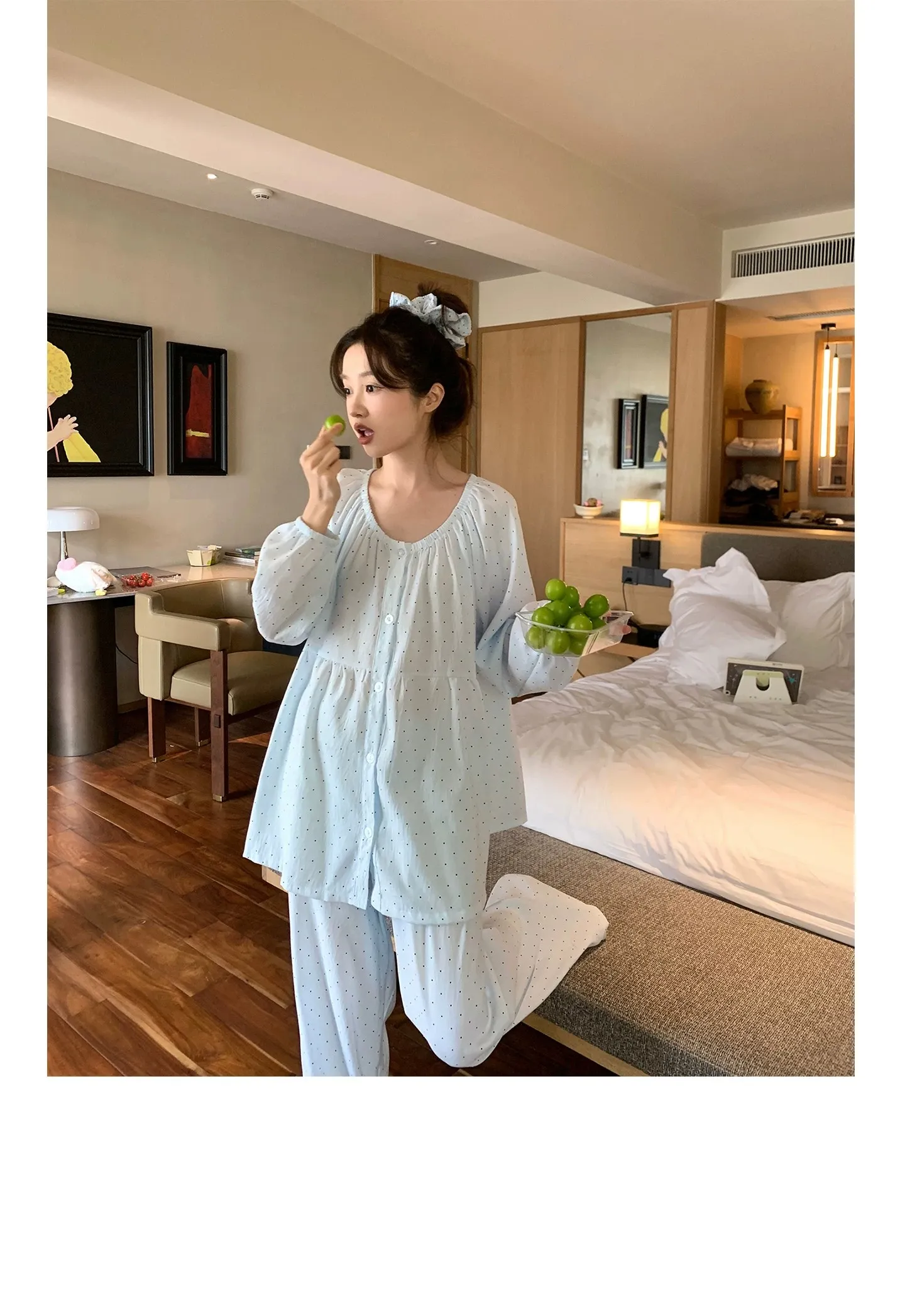 신상 고품질 구름 코튼 봄가을 루즈핏 라운드넥 긴팔 긴바지 파자마 여성 도트 홈웨어 · 도매 · OEM · 전 세계 배송 - Detail 7
