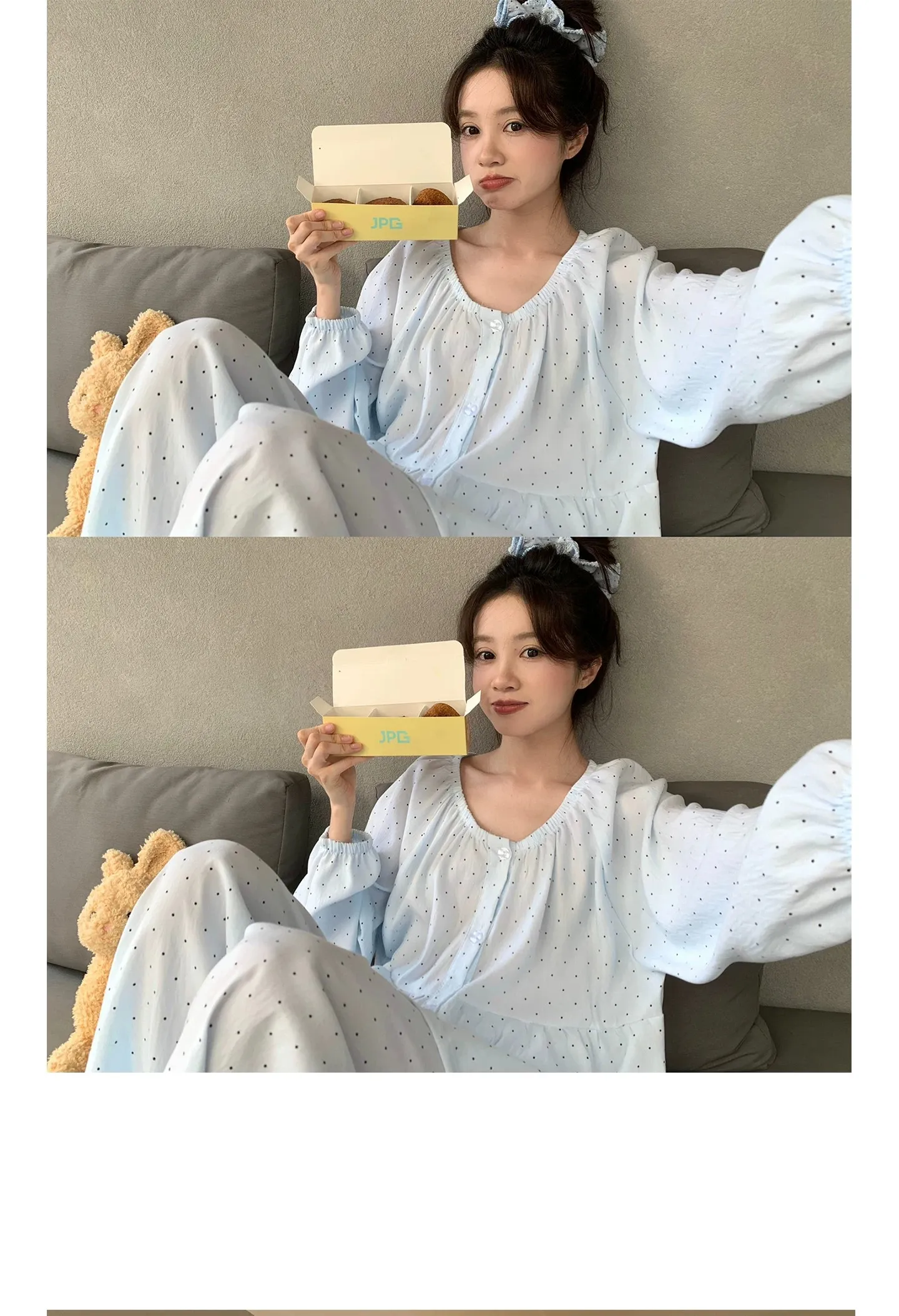 신상 고품질 구름 코튼 봄가을 루즈핏 라운드넥 긴팔 긴바지 파자마 여성 도트 홈웨어 · 도매 · OEM · 전 세계 배송 - Detail 10