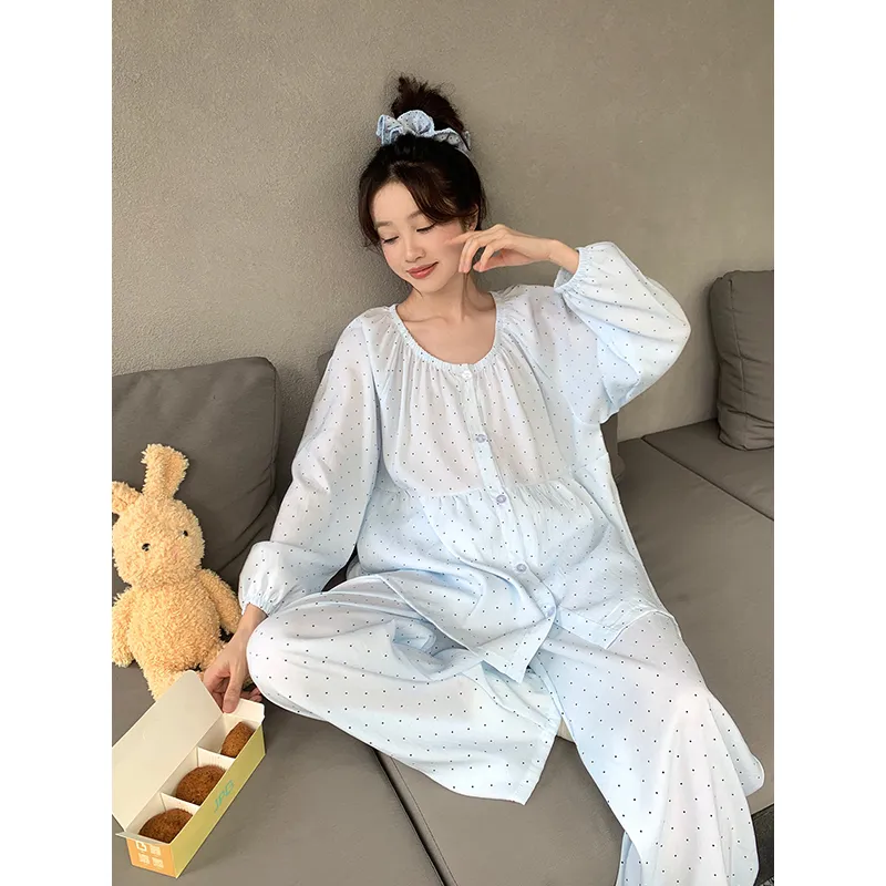 New Premium Cloud Cotton Spring Autumn Loose Round Neck Long Sleeve Long Pants Pajamas Women Polka Dot Loungewear · Wholesale · OEM · Worldwide Shipping