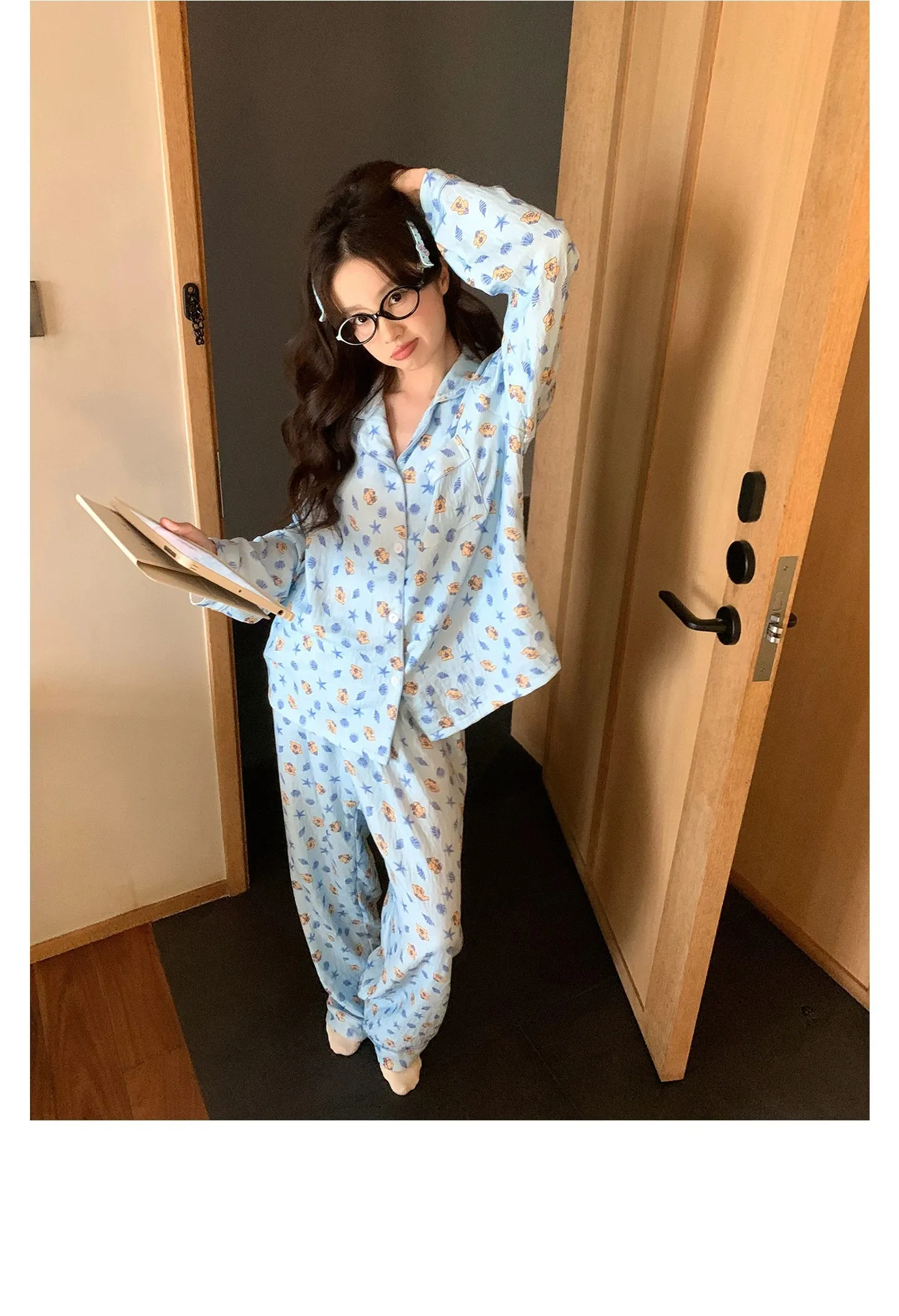 신상 봄가을 라펠 클라우드 코튼 카디건 파자마 여성 긴팔 긴바지 홈웨어 M-XXL · 도매 · OEM · 전 세계 배송 - Detail 8