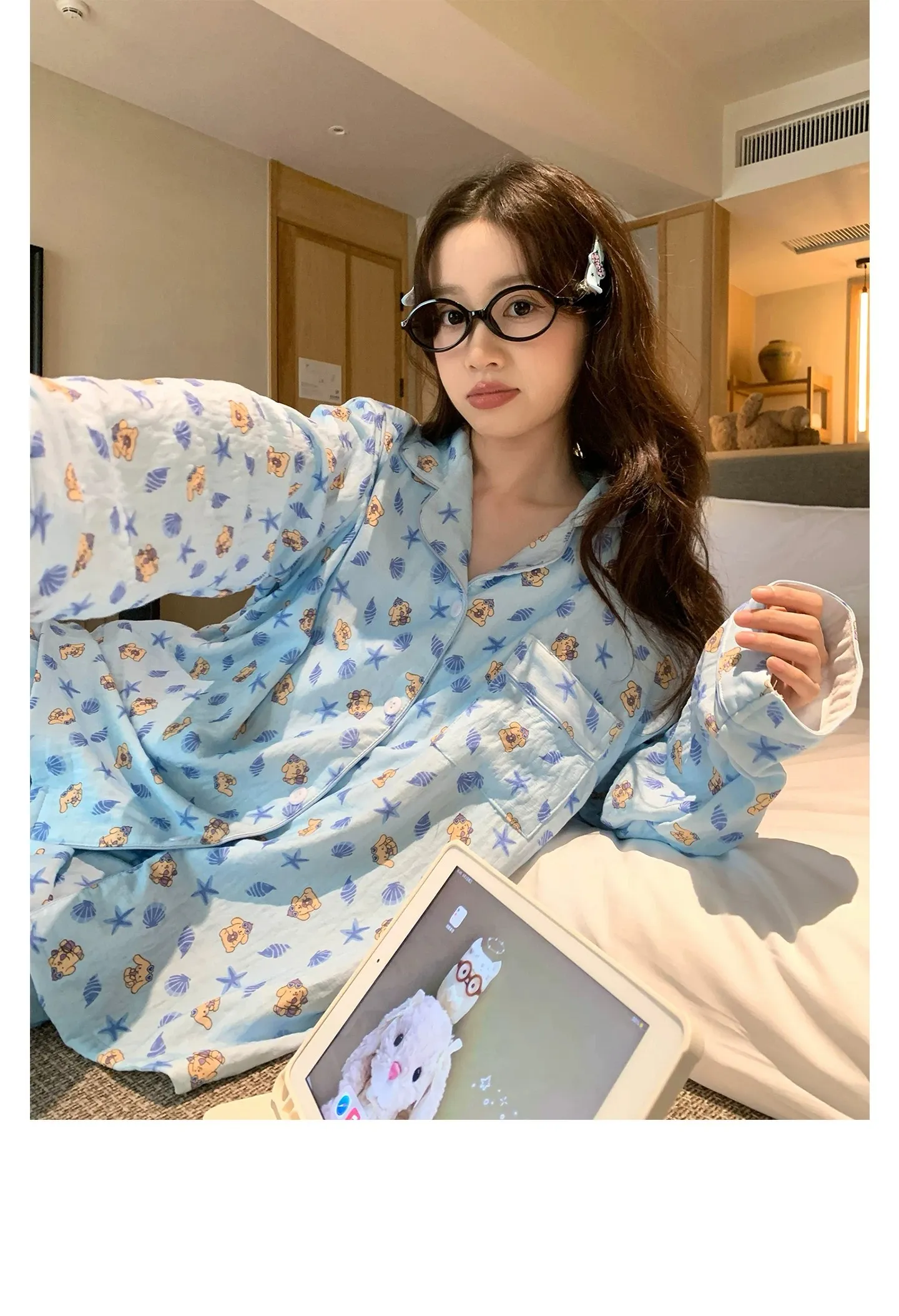 신상 봄가을 라펠 클라우드 코튼 카디건 파자마 여성 긴팔 긴바지 홈웨어 M-XXL · 도매 · OEM · 전 세계 배송 - Detail 7