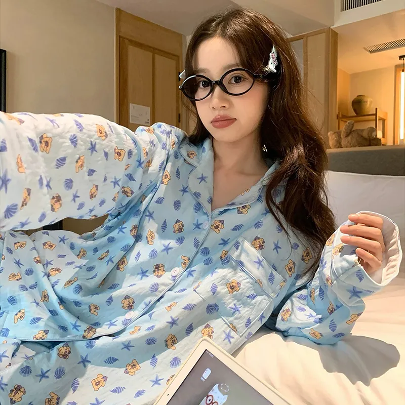 신상 봄가을 라펠 클라우드 코튼 카디건 파자마 여성 긴팔 긴바지 홈웨어 M-XXL · 도매 · OEM · 전 세계 배송 - View 1
