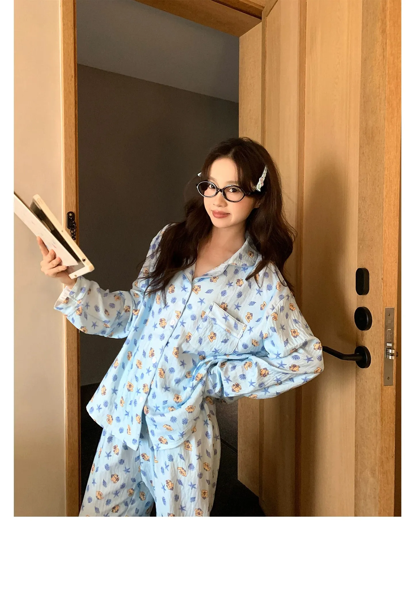 신상 봄가을 라펠 클라우드 코튼 카디건 파자마 여성 긴팔 긴바지 홈웨어 M-XXL · 도매 · OEM · 전 세계 배송 - Detail 10