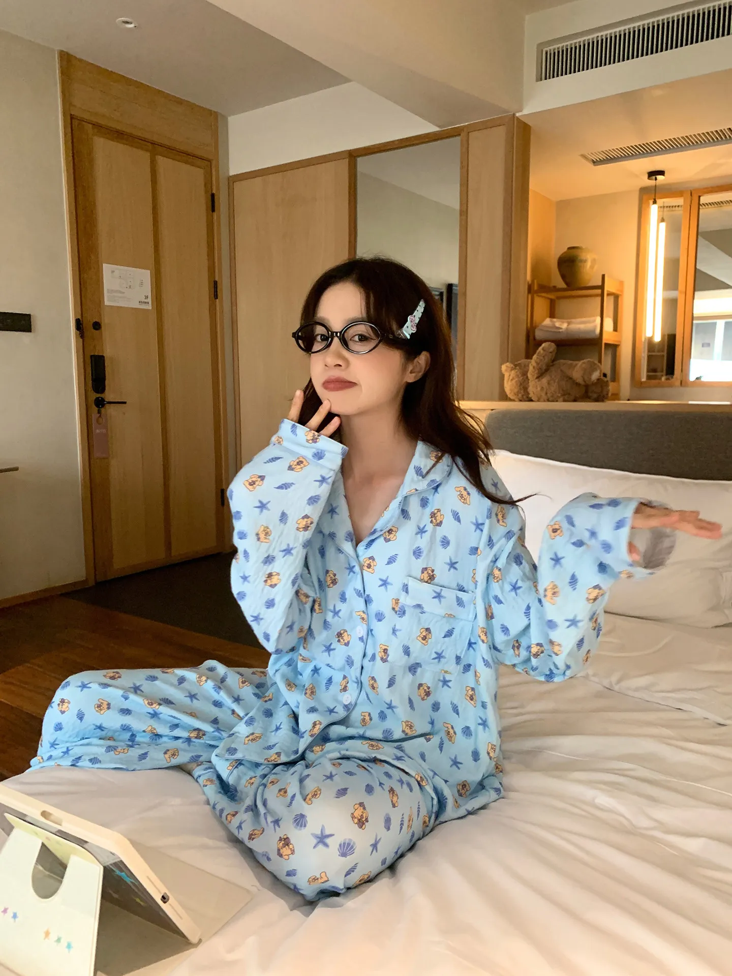 신상 봄가을 라펠 클라우드 코튼 카디건 파자마 여성 긴팔 긴바지 홈웨어 M-XXL · 도매 · OEM · 전 세계 배송 - Detail 3