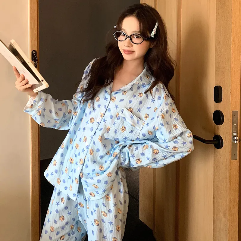 신상 봄가을 라펠 클라우드 코튼 카디건 파자마 여성 긴팔 긴바지 홈웨어 M-XXL · 도매 · OEM · 전 세계 배송 - View 3