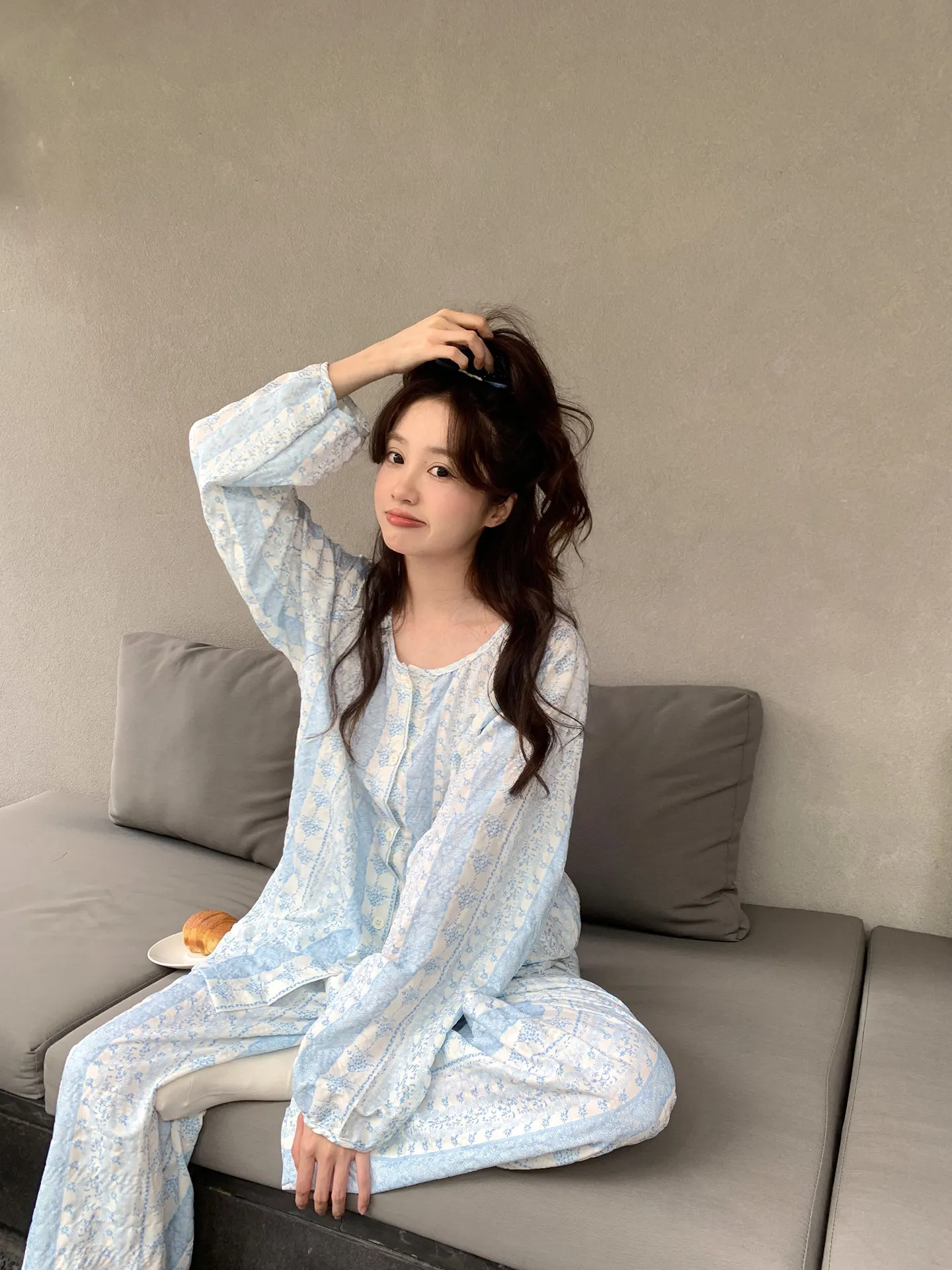 신상 봄가을 라펠 만년격자 오픈 카디건 파자마 여성 긴팔 긴바지 홈웨어 M-XXL · 도매 · OEM · 전 세계 배송 - Detail 2
