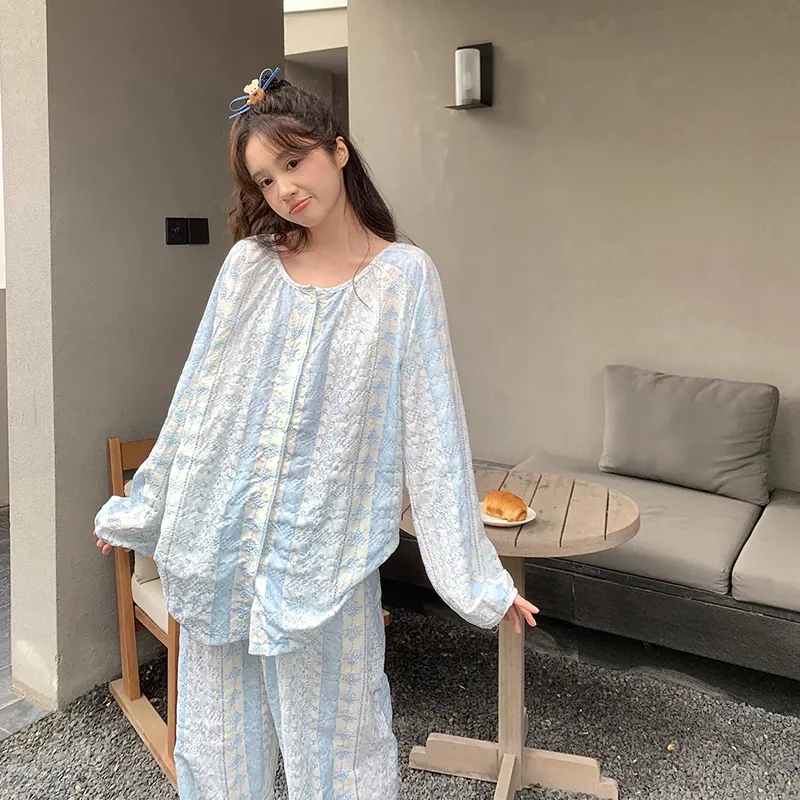 신상 봄가을 라펠 만년격자 오픈 카디건 파자마 여성 긴팔 긴바지 홈웨어 M-XXL · 도매 · OEM · 전 세계 배송 - View 1