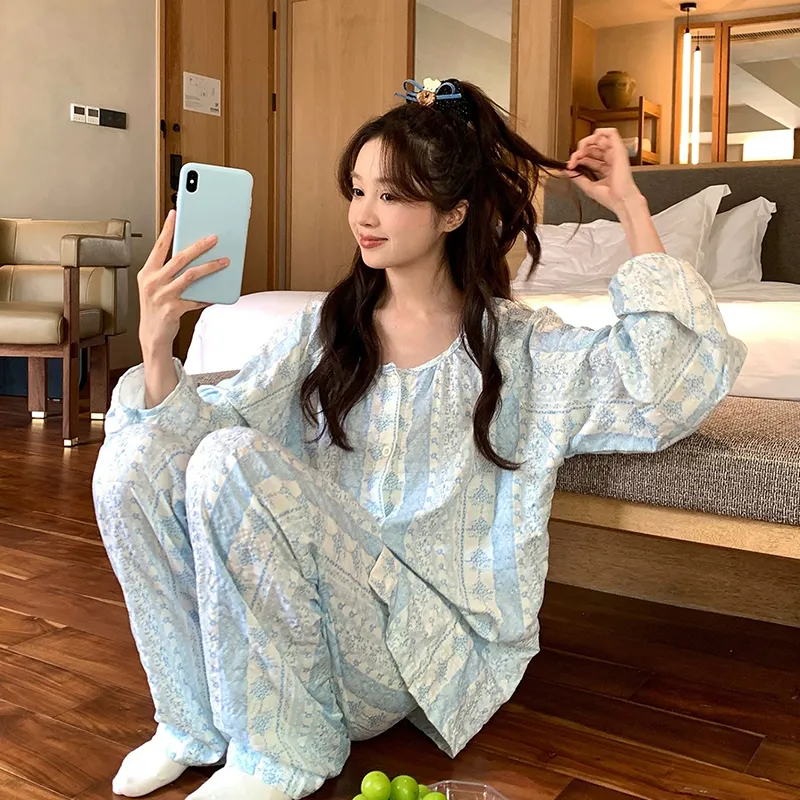 신상 봄가을 라펠 만년격자 오픈 카디건 파자마 여성 긴팔 긴바지 홈웨어 M-XXL · 도매 · OEM · 전 세계 배송 - Detail 1