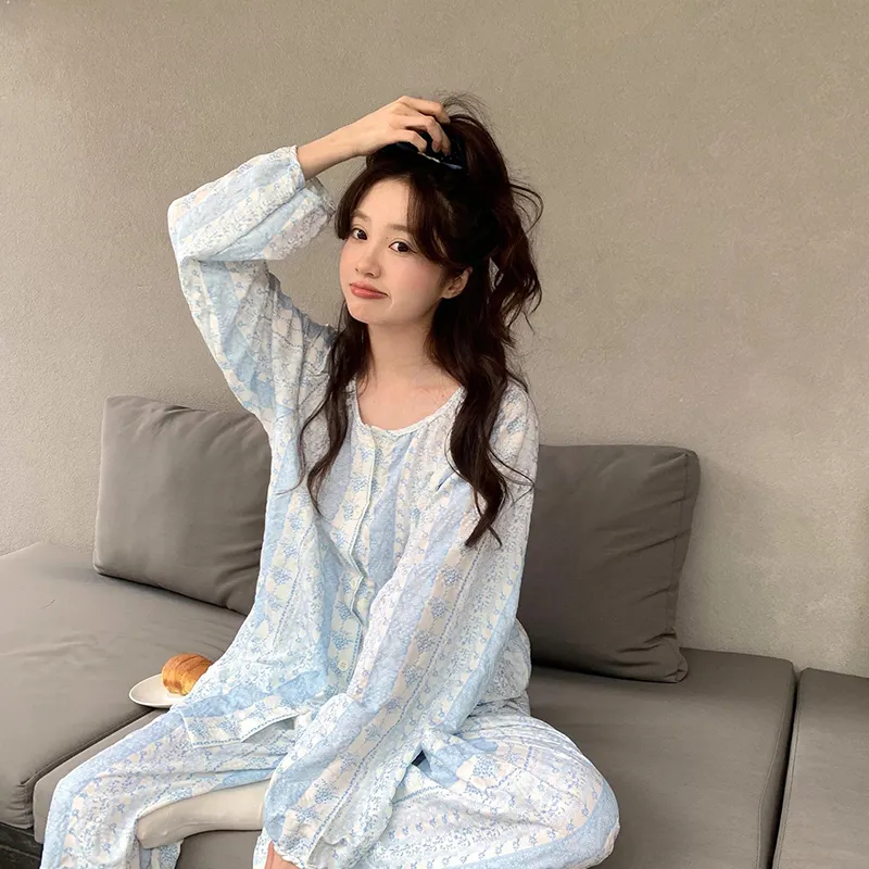 신상 봄가을 라펠 만년격자 오픈 카디건 파자마 여성 긴팔 긴바지 홈웨어 M-XXL · 도매 · OEM · 전 세계 배송 - View 2