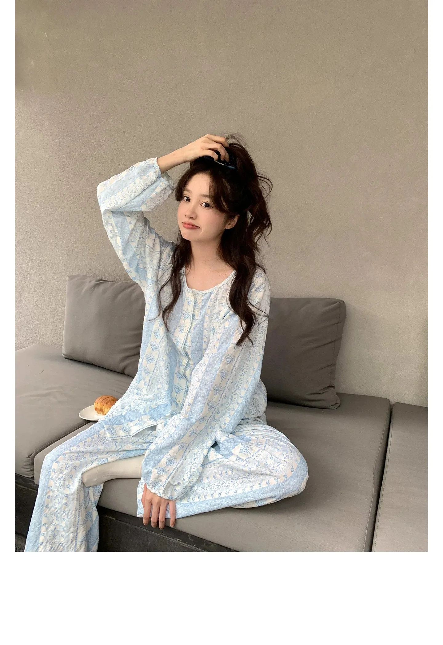 신상 봄가을 라펠 만년격자 오픈 카디건 파자마 여성 긴팔 긴바지 홈웨어 M-XXL · 도매 · OEM · 전 세계 배송 - Detail 9