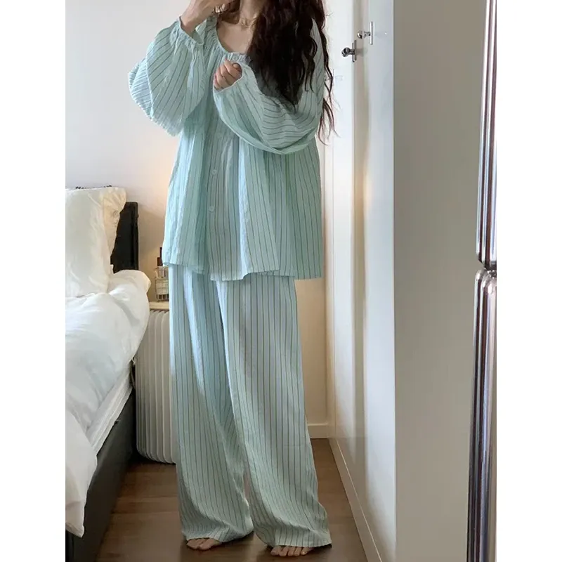 Piyama Lengan Panjang Celana Panjang Wanita Longgar Bergaya Korea Garis Laut Asin Segar Minimalis Bisa Dipakai di Luar · Grosir · OEM · Pengiriman Global
