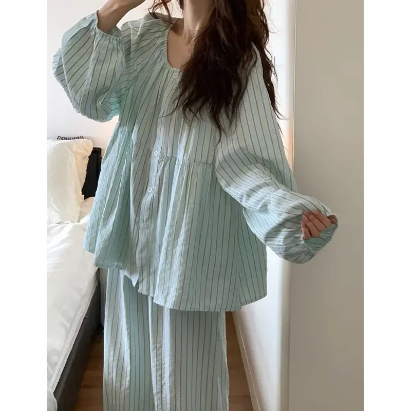 Piyama Lengan Panjang Celana Panjang Wanita Longgar Bergaya Korea Garis Laut Asin Segar Minimalis Bisa Dipakai di Luar · Grosir · OEM · Pengiriman Global - Detail 5