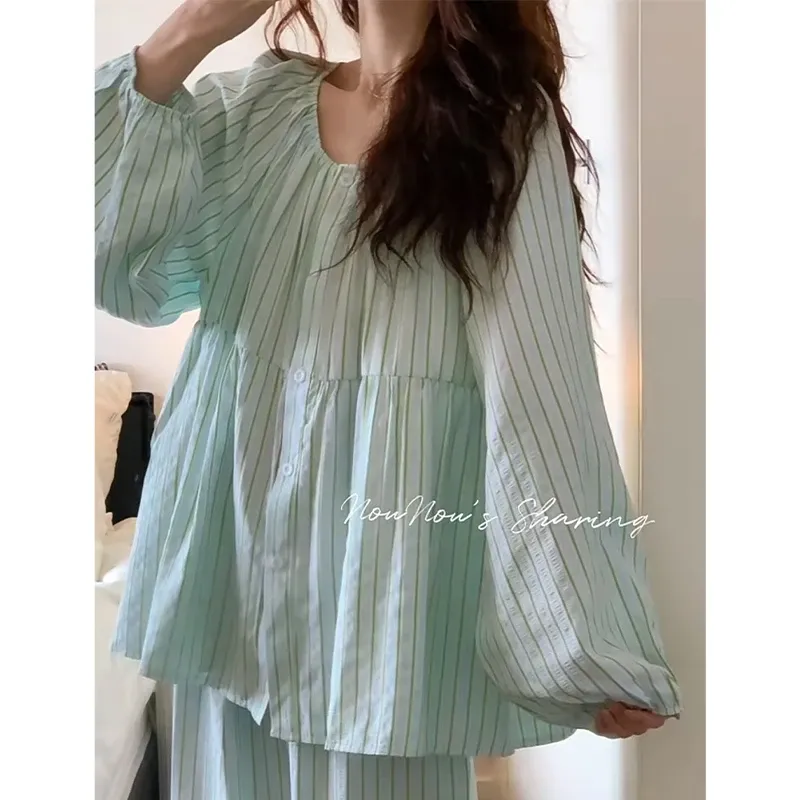 Piyama Lengan Panjang Celana Panjang Wanita Longgar Bergaya Korea Garis Laut Asin Segar Minimalis Bisa Dipakai di Luar · Grosir · OEM · Pengiriman Global - View 3