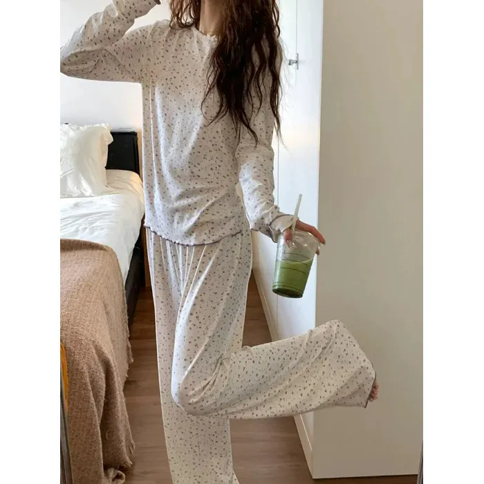 بيجامة نسائية جديدة للموسمين الربيع والخريف بنقشة مخططة وياسمين صغيرة أكمام طويلة وبنطال طويل للمنزل · بيع بالجملة · تصنيع حسب الطلب · شحن عالمي - Detail 2