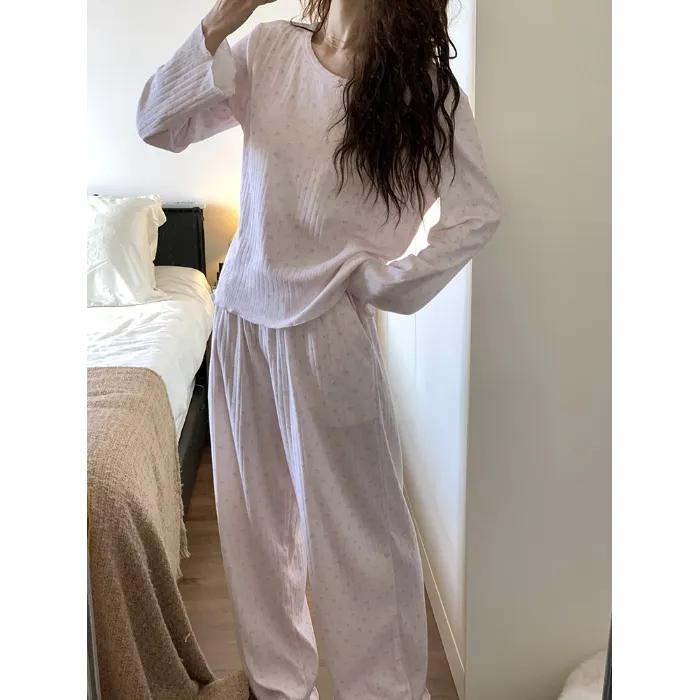 بيجامة نسائية جديدة للموسمين الربيع والخريف بنقشة مخططة وياسمين صغيرة أكمام طويلة وبنطال طويل للمنزل · بيع بالجملة · تصنيع حسب الطلب · شحن عالمي - Detail 1