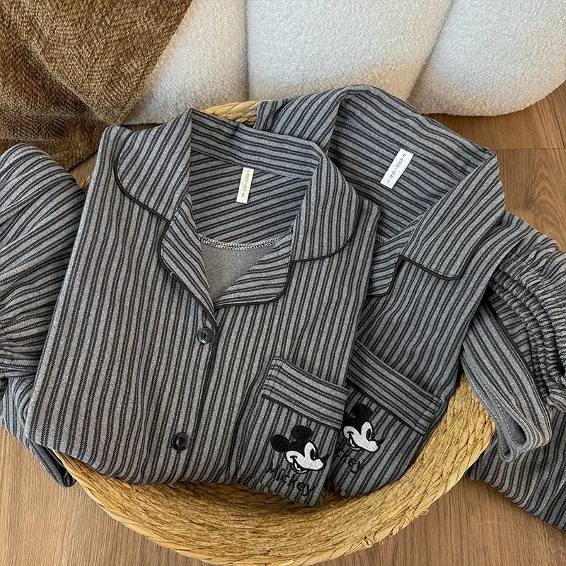 実写#ダーチロン（德絨）ストライプミッキー ペア用 中綿入り保温パジャマ レディース 秋冬 メンズ 大きいサイズ セット ルームウェア
