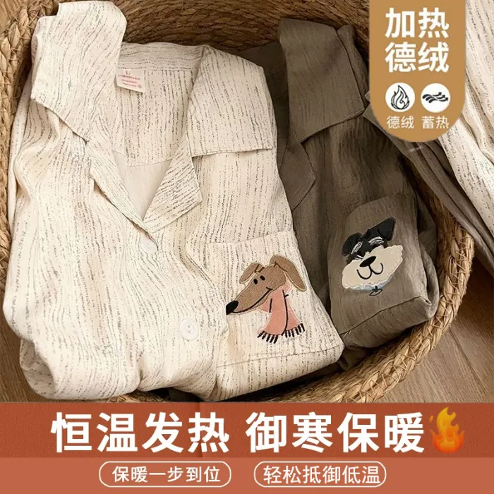 Real Shot# German Velvet Bark Texture Puppy Couple Thickened Warm Pajamas Women Autumn Winter Men Plus Size Set Loungewear · Wholesale · OEM · Worldwide Shipping - Detail 1