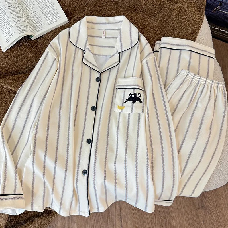 실사#스트라이프 위안바오 아기고양이 두꺼운 보온 잠옷 가을겨울 남성 빅사이즈 긴팔 투피스 홈웨어 · 도매 · OEM · 전 세계 배송 - Detail 3