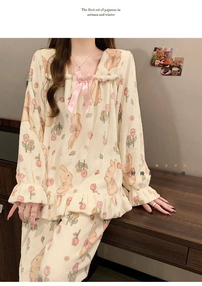 8020Y# 冬 フランネル パジャマ レディース 加厚 甘いプリンセス風 かわいい 部屋着 セット 260g · 卸売 · OEM · 世界へ発送 - Detail 13