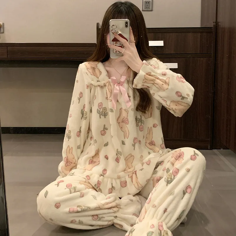 8020Y# 冬 フランネル パジャマ レディース 加厚 甘いプリンセス風 かわいい 部屋着 セット 260g · 卸売 · OEM · 世界へ発送 - View 4