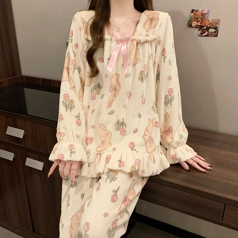 8020Y# 冬 フランネル パジャマ レディース 加厚 甘いプリンセス風 かわいい 部屋着 セット 260g · 卸売 · OEM · 世界へ発送 - View 2