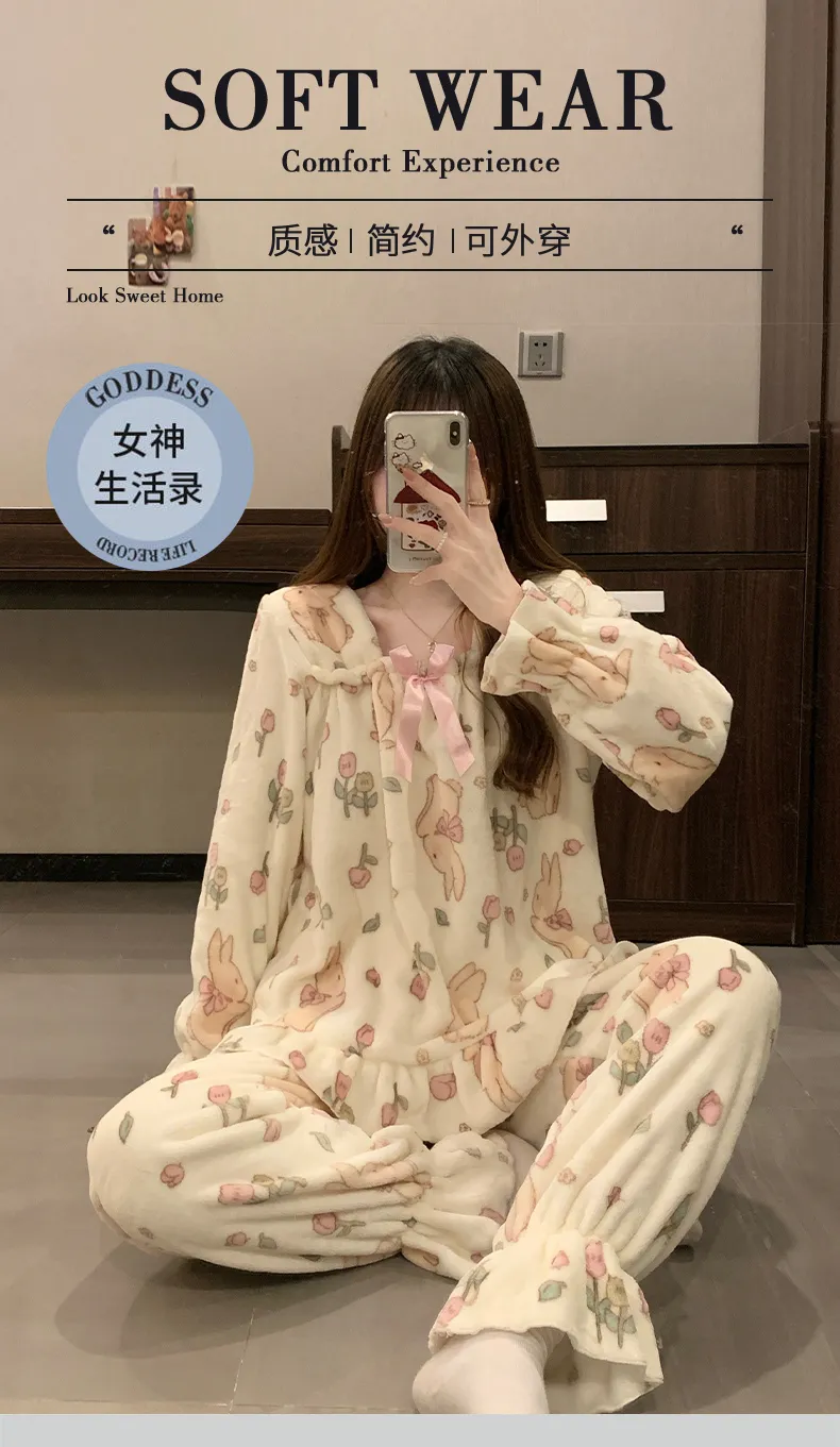 8020Y# 冬 フランネル パジャマ レディース 加厚 甘いプリンセス風 かわいい 部屋着 セット 260g · 卸売 · OEM · 世界へ発送 - Detail 5