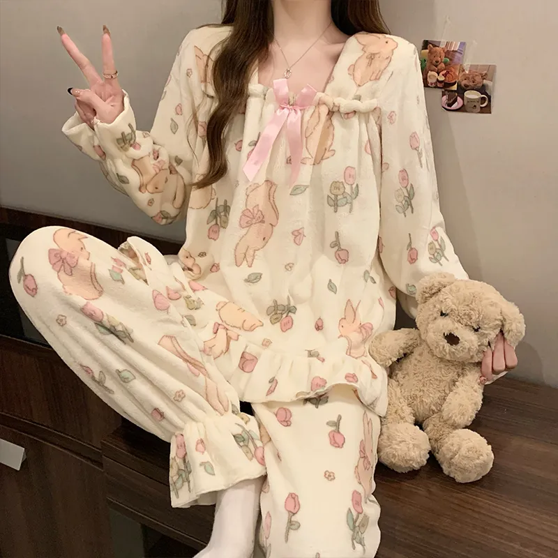8020Y# Winter Flannel Pajamas Women Thickened Sweet Princess Style Cute Loungewear Set 260g · Wholesale · OEM · Worldwide Shipping