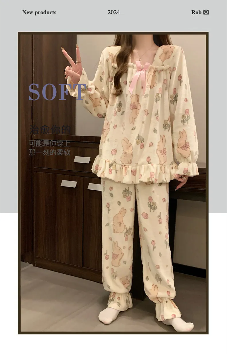 8020Y# 冬 フランネル パジャマ レディース 加厚 甘いプリンセス風 かわいい 部屋着 セット 260g · 卸売 · OEM · 世界へ発送 - Detail 6