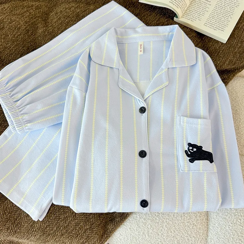 Photo réelle#Pyjama deux pièces homme grande taille manches longues polaire bleue à rayures chaton noir épais et chaud automne hiver · Grossiste · OEM · Mondial - View 3